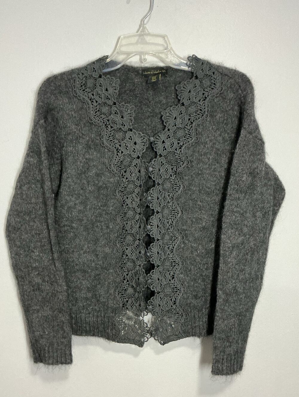 House of Harlow 1960 Charcoal Gray Lace-Trim Mohair Cottagecore Cardigan XS